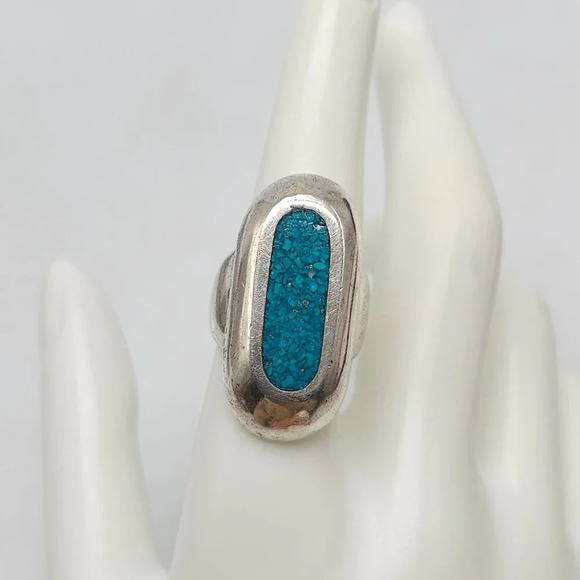 Artisan Taxco Modernist Sterling Silver Ring With Turquoise Chip Inlay 8.5 - Picture 1 of 9
